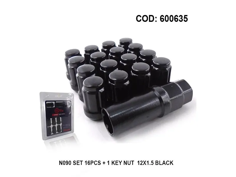 N090 SET 16PCS+1 KEY NUT 12X1.5 BLACK
