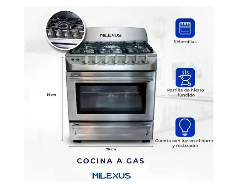 FOGÓN CON HORNO, 5 HORNILLAS, ACERO INOXIDABLE, ROSTIZADOR DE ALIMENTOS, MILEXUS