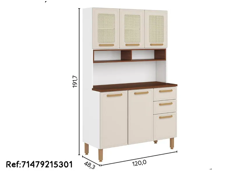 MUEBLE ORGANIZADOR TIPO APARADOR PARA COCINA 3 MÓDULOS COLOR BEICH IMITACIÓN  PAJILLA